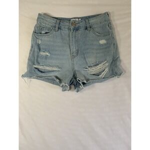 RUE 21 WOMENS 8 JEAN DENIM SHORTS 100% COTTON DISTRESSED BLUE LIGHT HIGH RISE